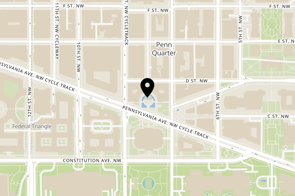 Map showing the location of Fruitive - Healthy Food & Smoothies Penn Quarter on 701 Pennsylvania Ave NW #150 in Washington