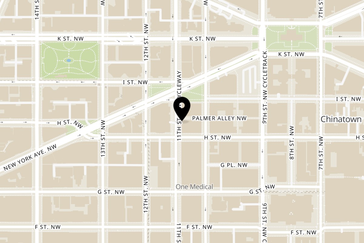 Map showing the location of Fruitive - Healthy Food & Smoothies CityCenterDC on 1094 Palmer Alley NW in Washington
